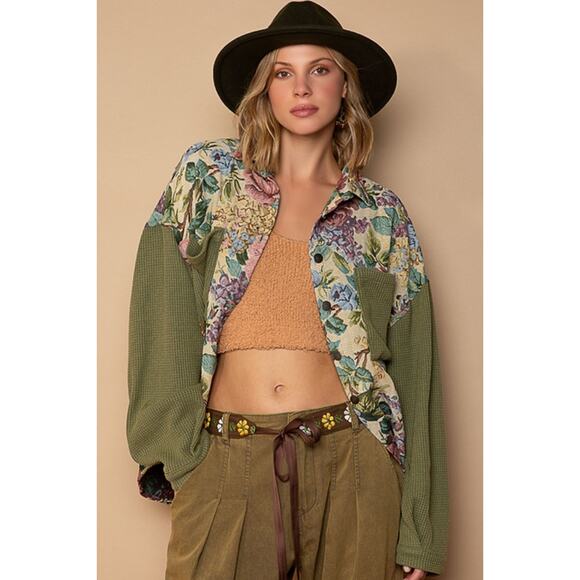 POL Cream & Olive Size Medium Button Down Floral Jacquard Shirt Jacket - Picture 2 of 5